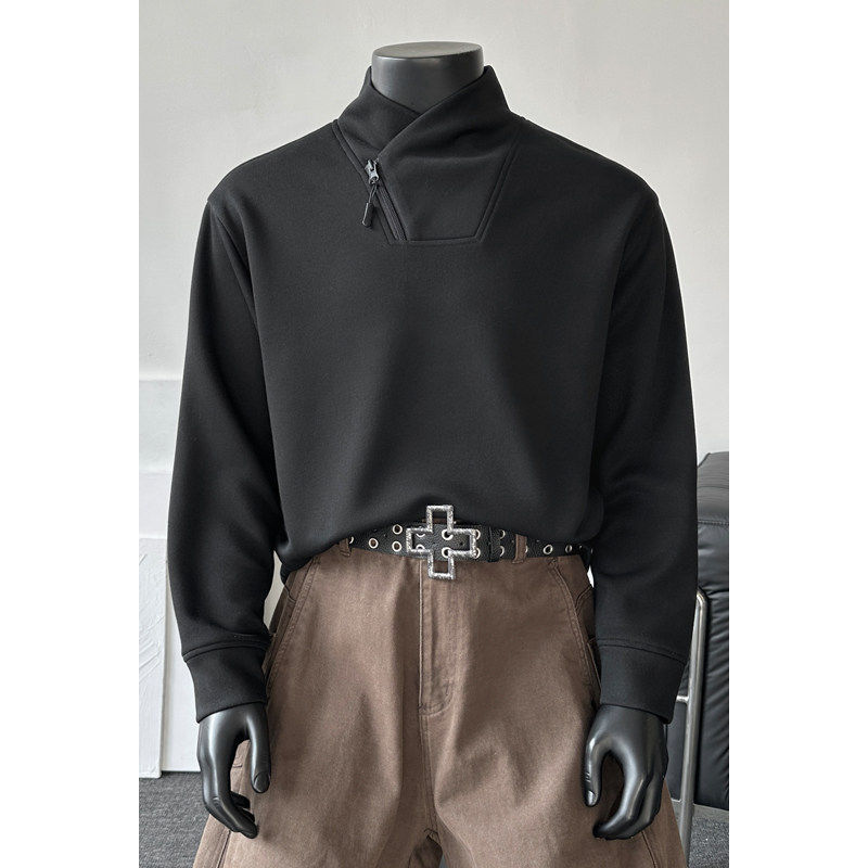 白花灰交叉领斜拉链卫衣男款春秋冬潮内搭打底衫高级感长袖t恤