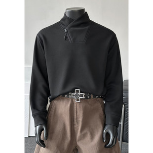 白花灰交叉领斜拉链卫衣男款春秋冬潮内搭打底衫高级感长袖t恤