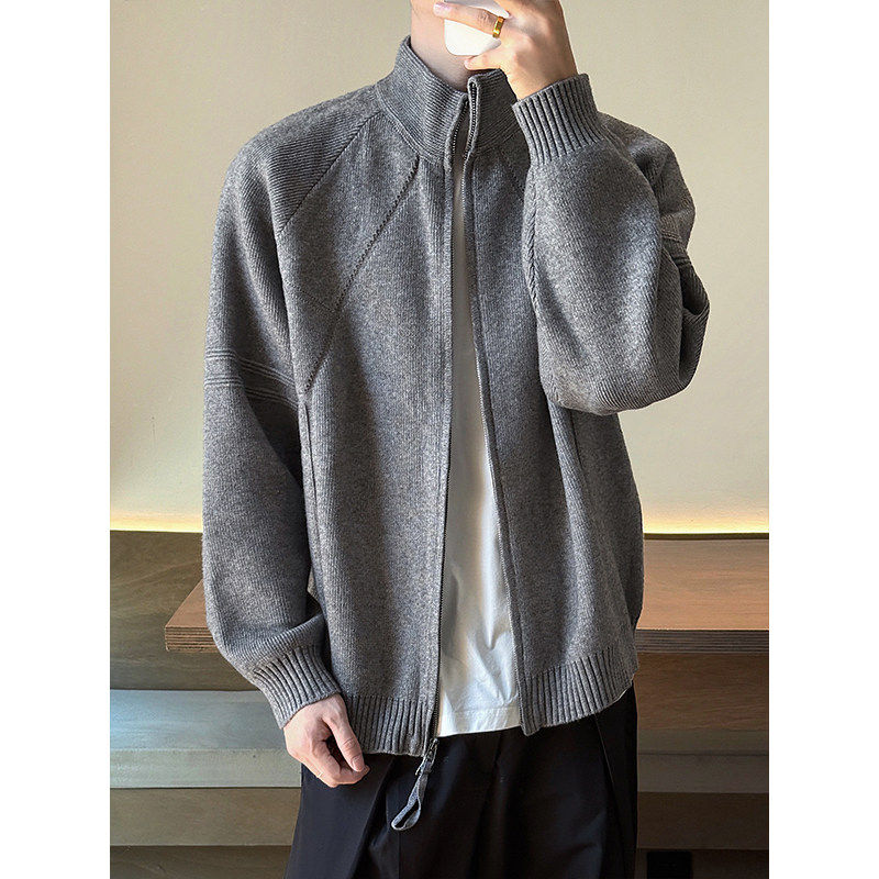 cleanfit灰色针织开衫外套男款春秋高级感慵懒风日系立领拉链毛衣