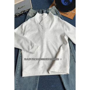 春季新款交叉V领灰色重磅斜拉链卫衣男设计感长袖T恤内搭短款外套