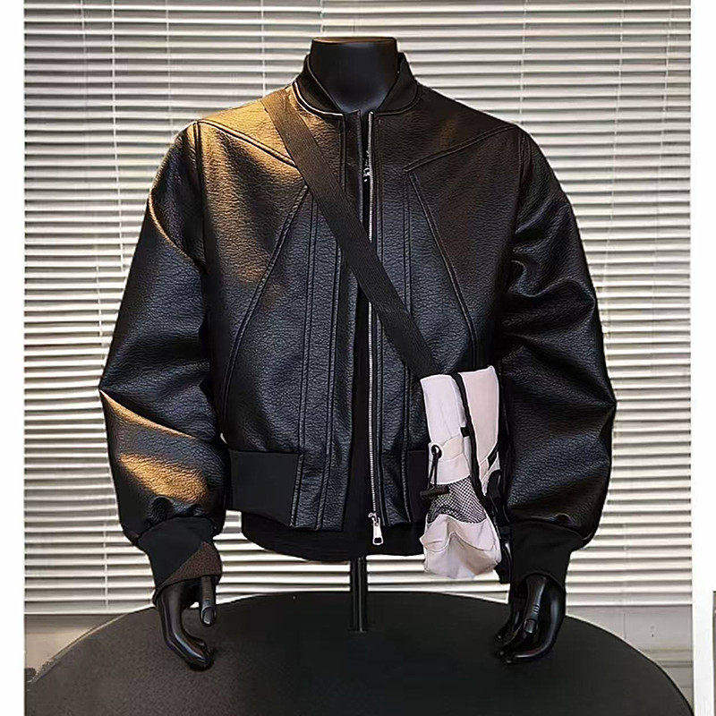 高级感痞帅黑色解构拼接皮衣外套男款春季棒球服美式短款机车夹克