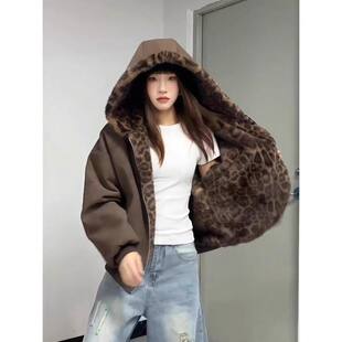 座山雕豹纹毛领pu皮棉服外套男女冬季美式加绒棉衣双面穿短款夹克