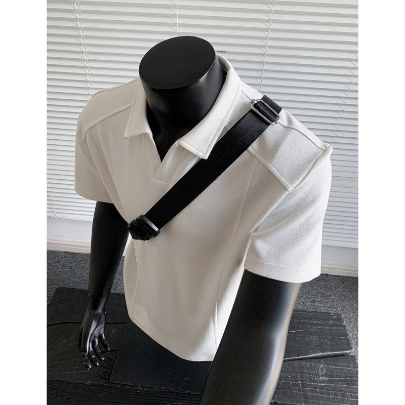 美式boxy正肩短袖polo衫男款夏季解构拼接t恤痞帅高级感v领半截袖