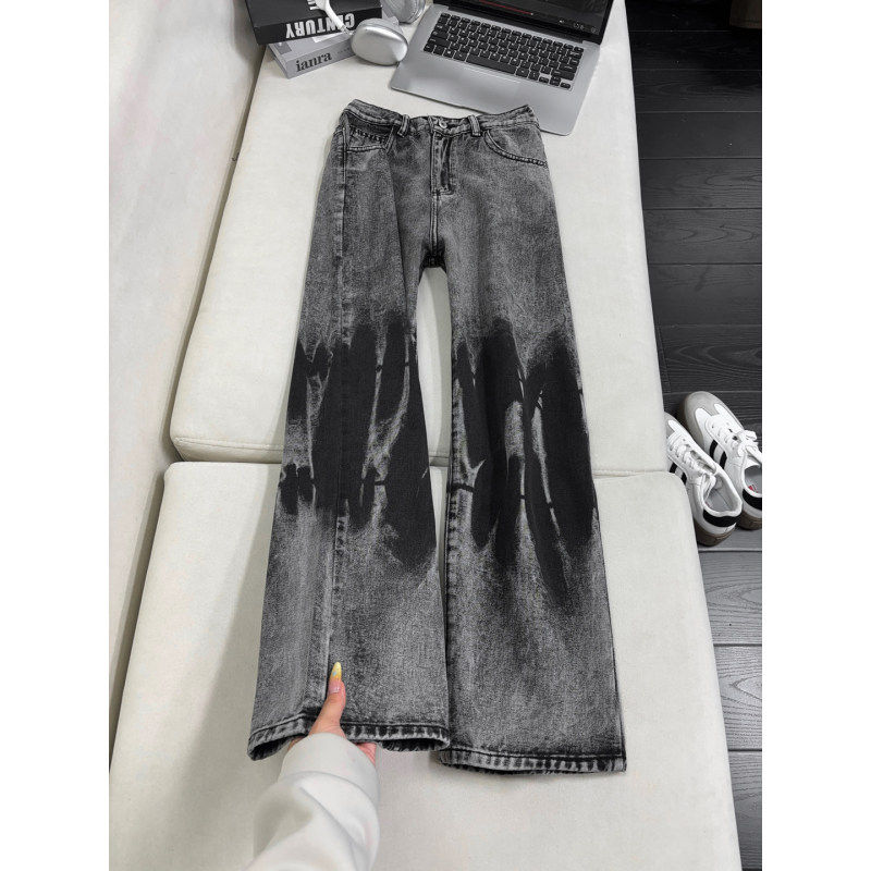 黑色扎染牛仔裤男女春秋季美式高腰提档裤子cleanfit微喇直筒长裤