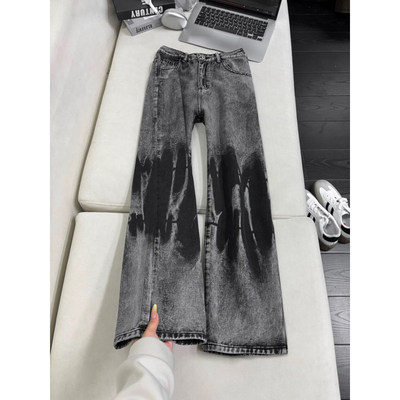 黑色扎染牛仔裤男女春秋季美式高腰提档裤子cleanfit微喇直筒长裤