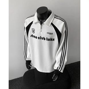 黑白拼接半拉链polo衫卫衣男女春季美式长袖t恤翻领情侣正肩外套