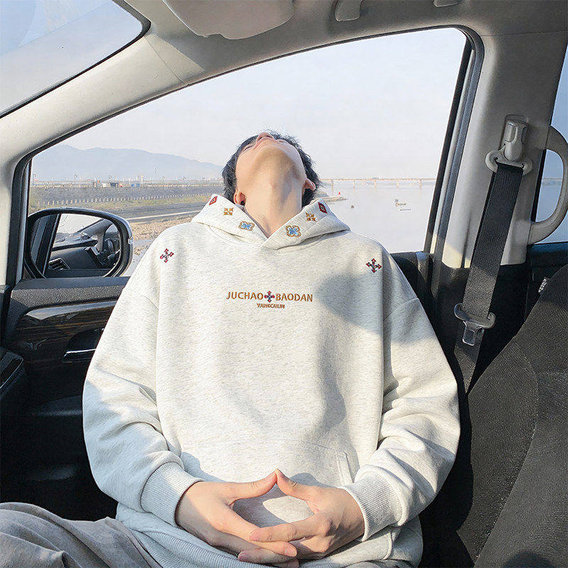 美式连帽卫衣男春秋高级重磅刺绣字母宽松百搭情侣慵懒风上衣ins