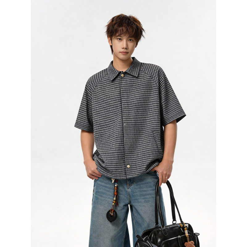 2026夏季新款潮流格子翻领短袖衬衫男女港风ins休闲宽松衬衣外套