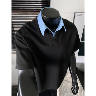灰色假两件衬衫领短袖男春季痞帅条纹拼接polo衫美式重磅五分t恤