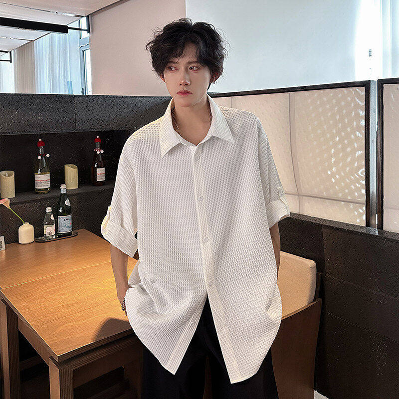 华夫格衬衫男士短袖潮牌夏季薄款高级感痞帅冰丝外套港风日系衬衣