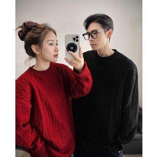 老钱风黑色圆领麻花毛衣男款秋冬保暖人夫感内搭打底衫加厚针织衫