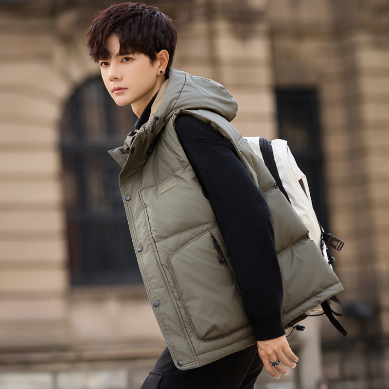 连帽痞帅青年高级感羽绒马甲男冬