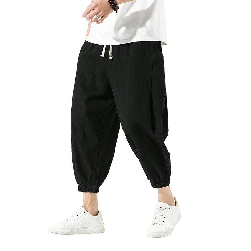 日系黑色棉麻八分裤男夏季薄款胖子加肥加大码束脚宽松亚麻休闲裤