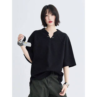 美式设计感痞帅V领短袖t恤男款夏季纯色正肩小众高街潮牌宽松半袖