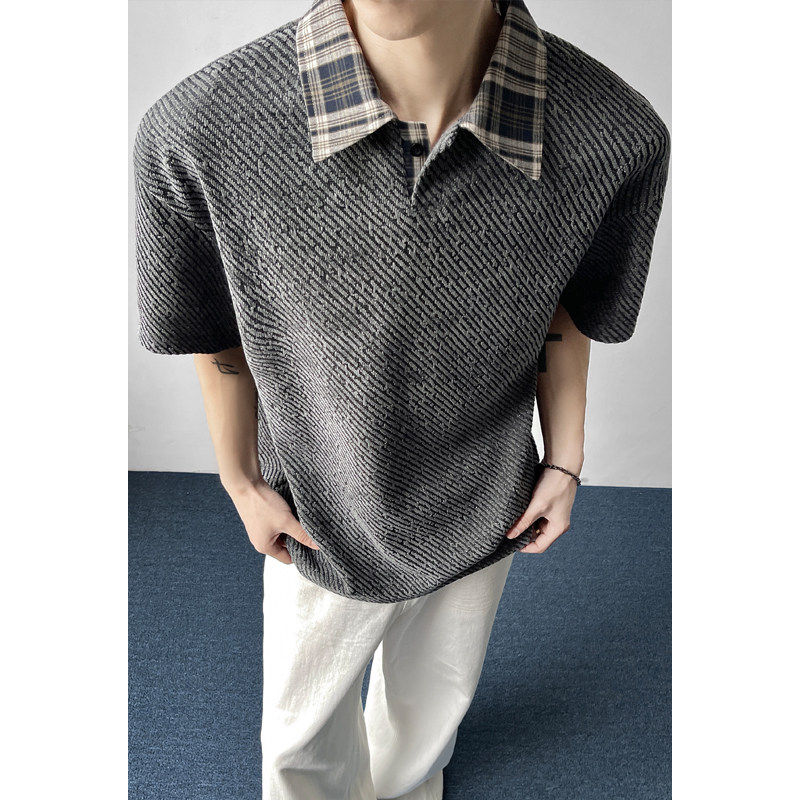 格子翻领短袖T恤男春夏季小香风潮牌设计感宽松休闲透气半袖体恤,男装,T恤,淘宝优惠券,粉丝福利购,淘宝优惠卷
