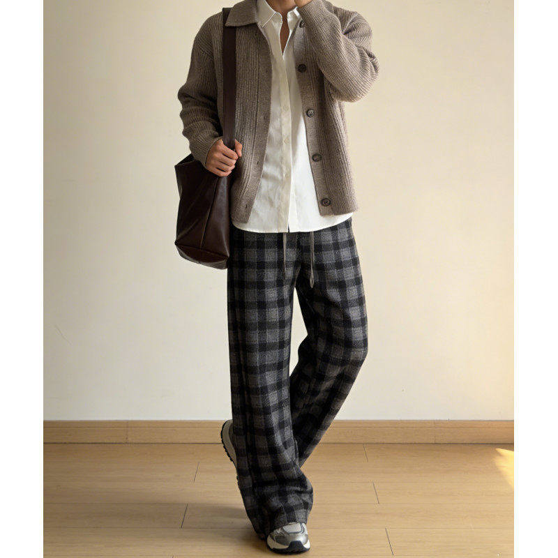 慵懒风藏青色毛呢格子裤男女春秋运动裤显瘦小个子休闲直筒阔腿裤