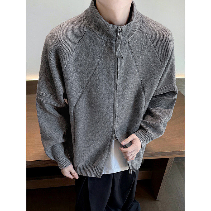 美式复古拉链立领开衫毛衣男春秋高级感慵懒风休闲痞帅针织衫外套