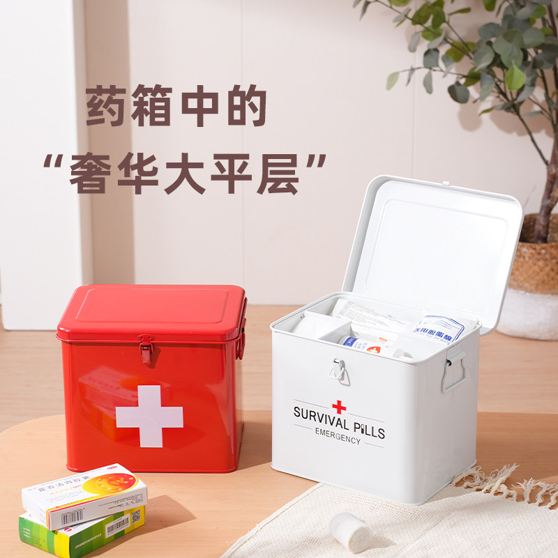 金属家用医药箱带锁扣药物整理盒家庭装急救箱大容量手提储物箱图片