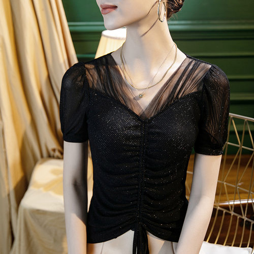 2026夏季新款黑色丝网拼接上衣