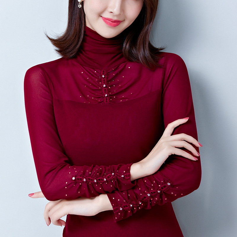 高领拉丁舞上衣女成人网纱烫钻舞蹈练功服长袖交谊国标摩登舞衣服