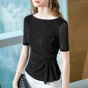 高端国标舞上衣女新款中袖网纱拉丁舞服夏季跳交谊摩登舞蹈练功服