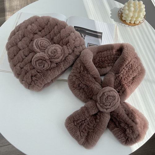 獭兔毛皮草保暖妈妈帽子围巾套装