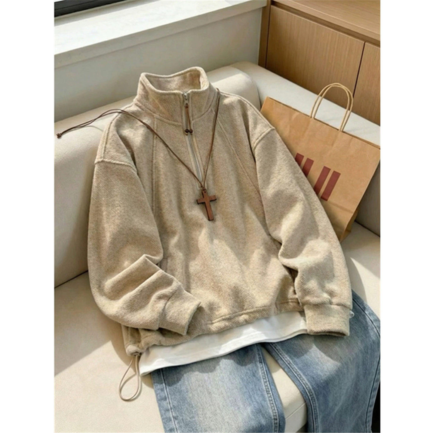 半拉链立领卫衣女宽松外套上衣服图片
