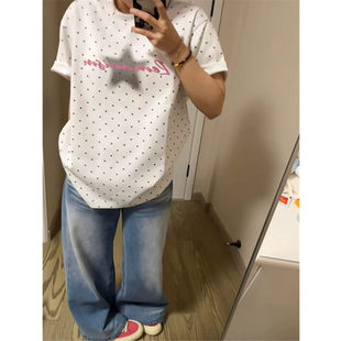 2026新款 t恤女夏季 设计感小众宽松上衣 复古波点印花白色短袖 美式