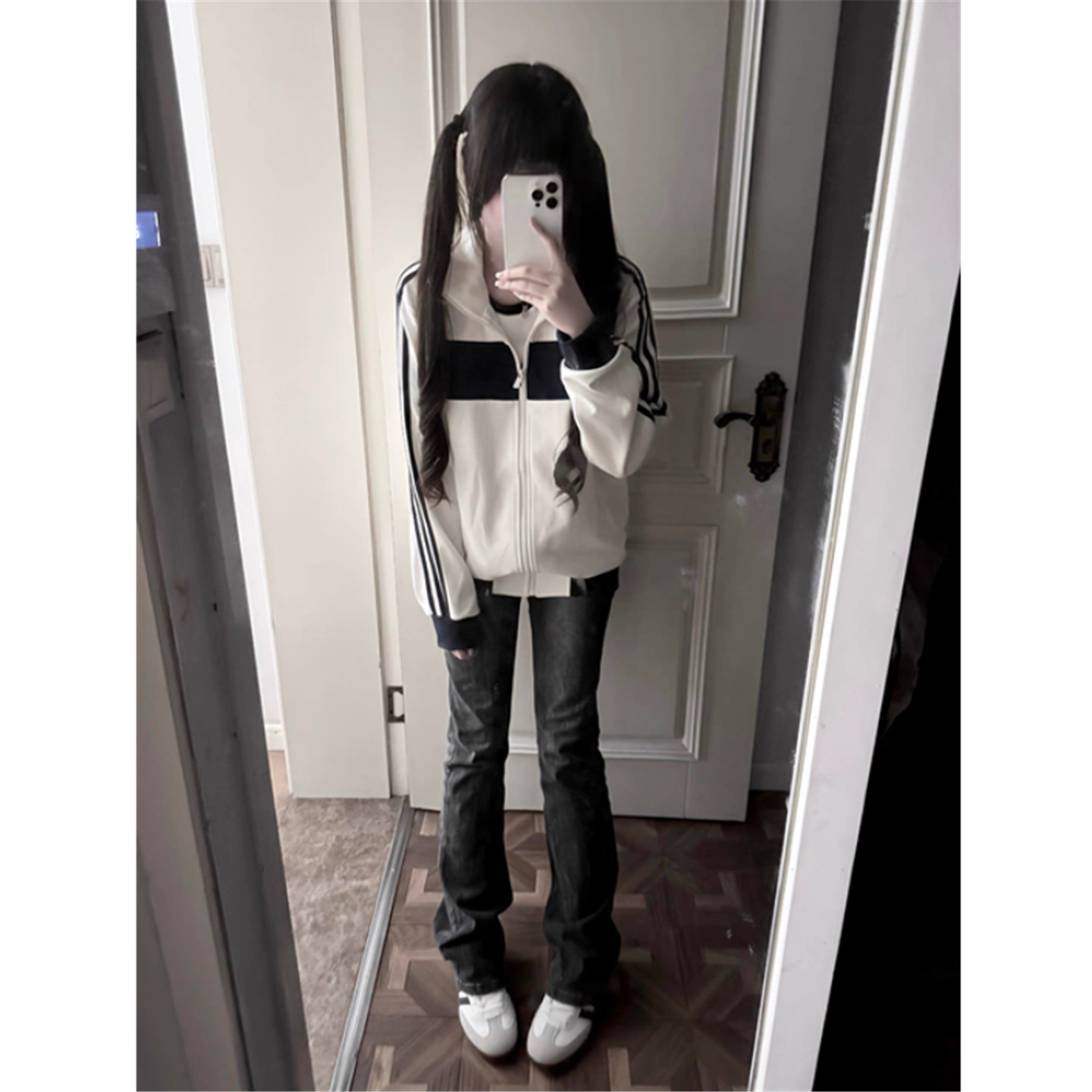 撞色条纹立领卫衣女宽松开衫外套图片