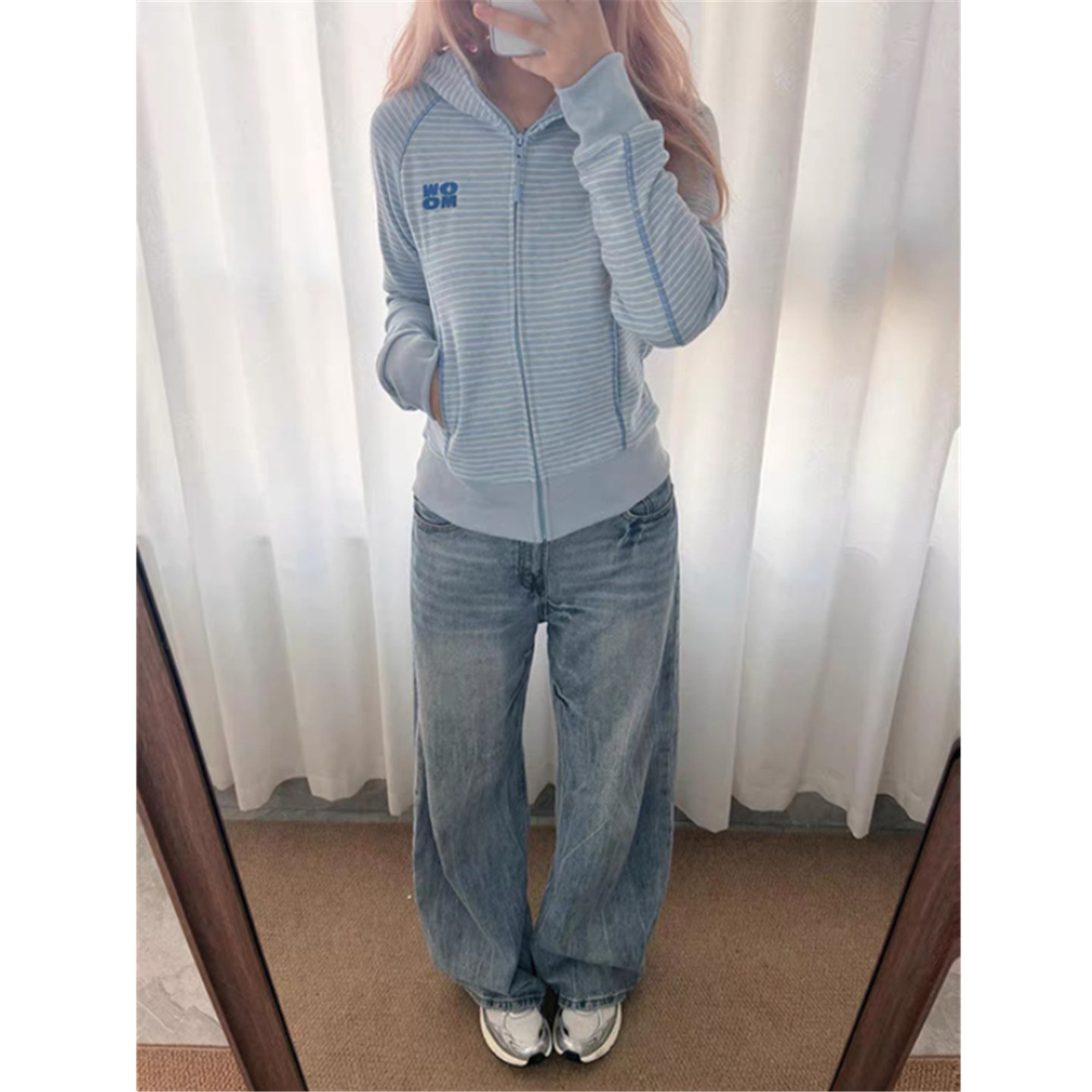 韩系短款收腰哈苏线条纹运动连帽开衫卫衣女春秋情侣修身外套上衣
