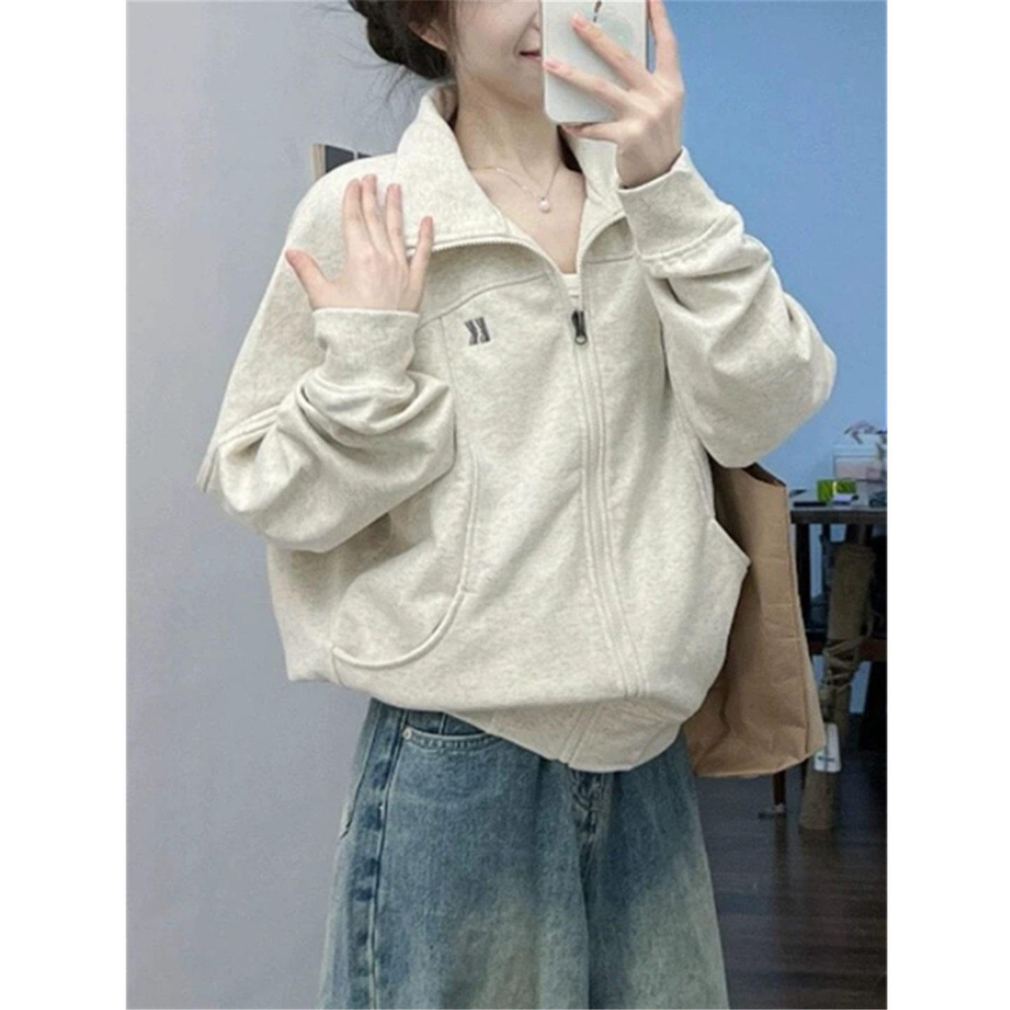 美式复古立领卫衣女春秋薄款外套韩系chic宽松慵懒风开衫夹克上衣