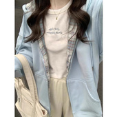 蓝色格子拼接连帽卫衣女春秋oversize薄款 慵懒风上衣 外套宽松开衫