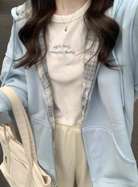 蓝色格子连帽卫衣女秋冬oversize加绒加厚外套宽松开衫慵懒风上衣