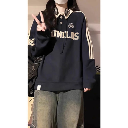 学院风撞色POLO领卫衣女春秋设计感小众oversize宽松情侣翻领上衣