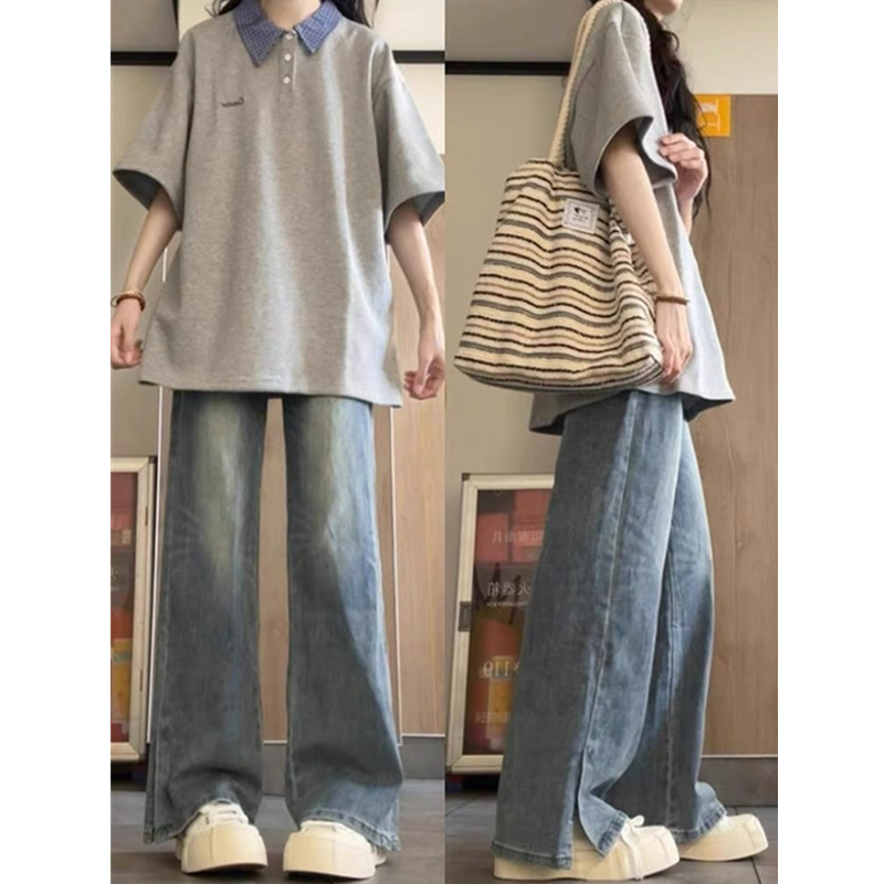 polo领短袖t恤女宽松半袖上衣服