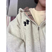 加绒加厚连帽撞色格纹卫衣女秋冬oversize宽松慵懒风开衫 外套上衣