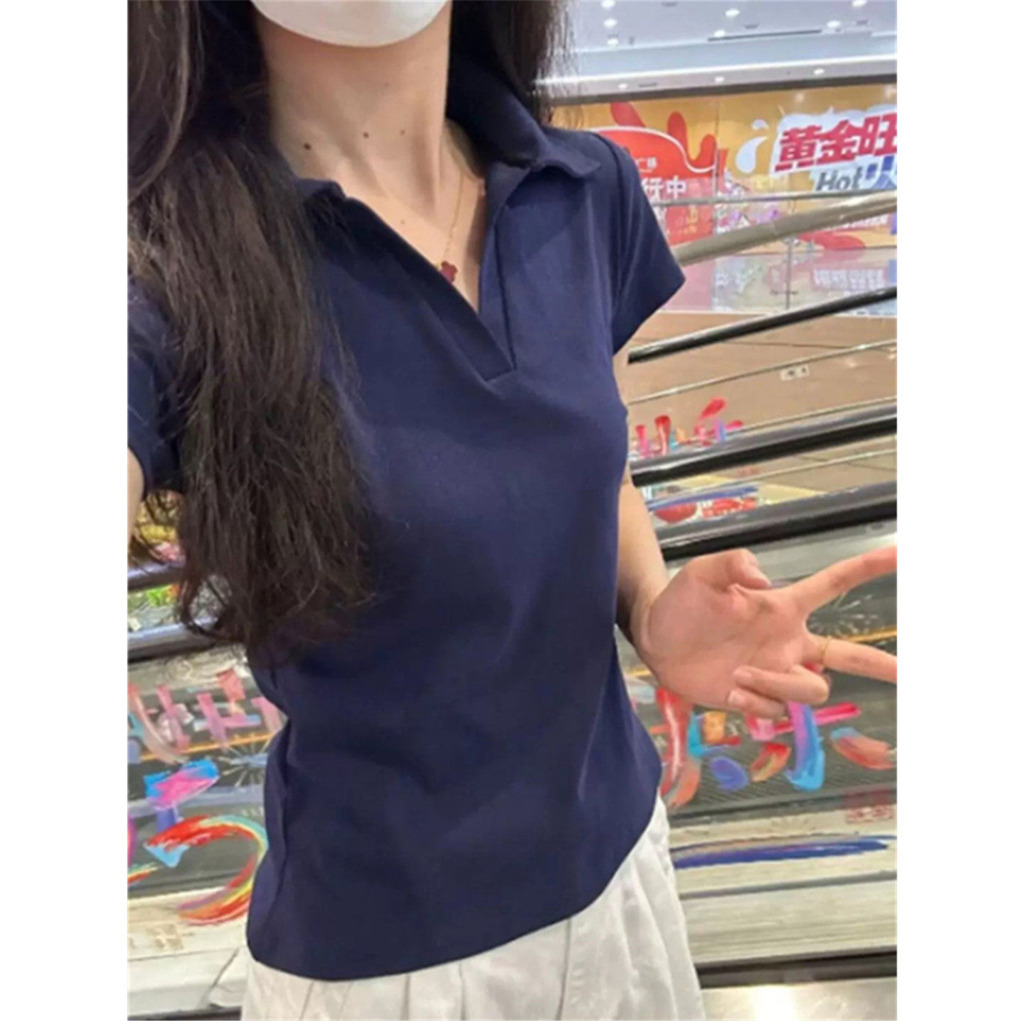 polo领短袖t恤女修身短款上衣服图片