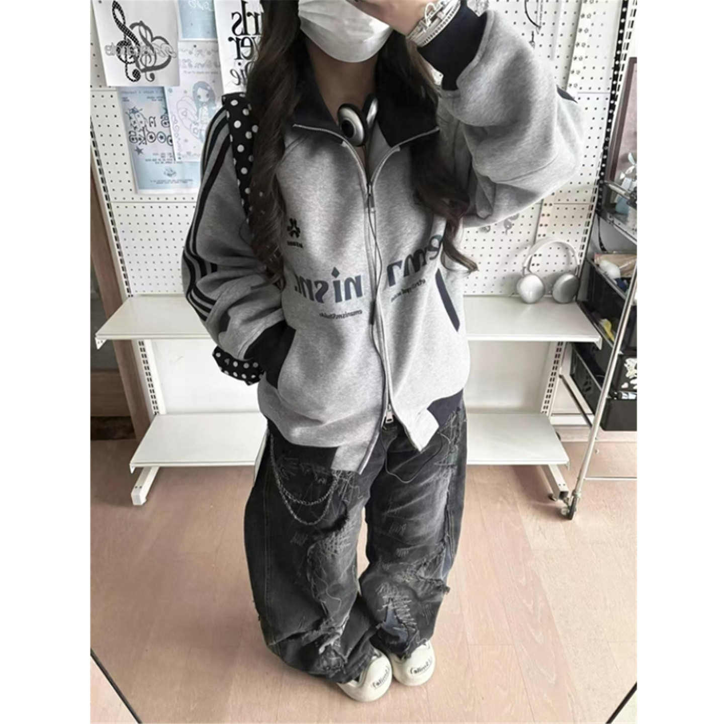 撞色立领卫衣女宽松开衫外套夹克图片