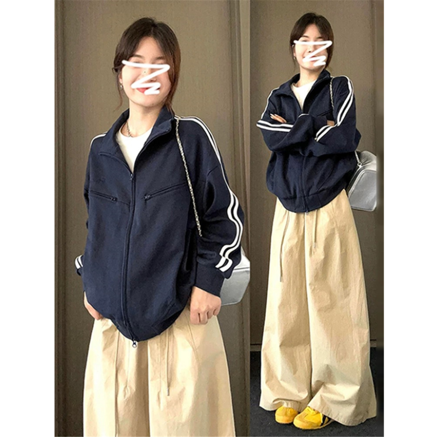 双杠分割拉链卫衣女宽松开衫外套