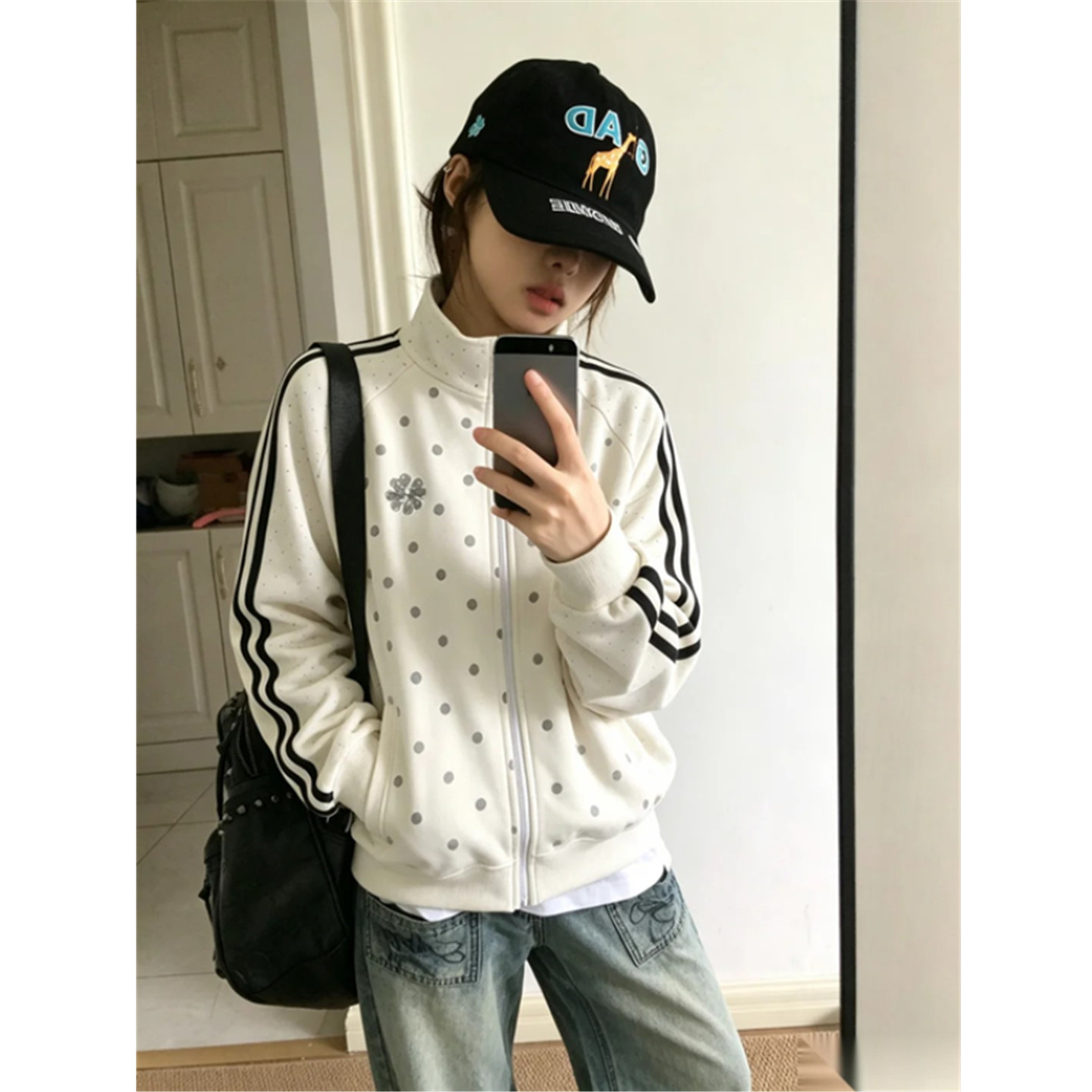 波点立领开衫卫衣外套女宽松上衣图片