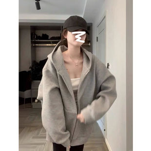 外套韩系宽松慵懒风开衫 美式 复古灰色连帽卫衣女春秋oversize薄款