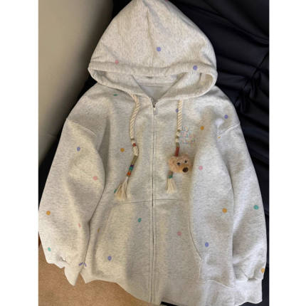 彩色波点小熊连帽卫衣女秋冬oversize加绒加厚宽松慵懒风开衫外套