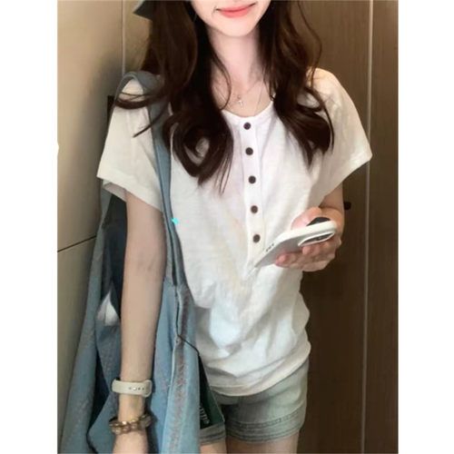 白色正肩收腰短袖T恤女宽松上衣
