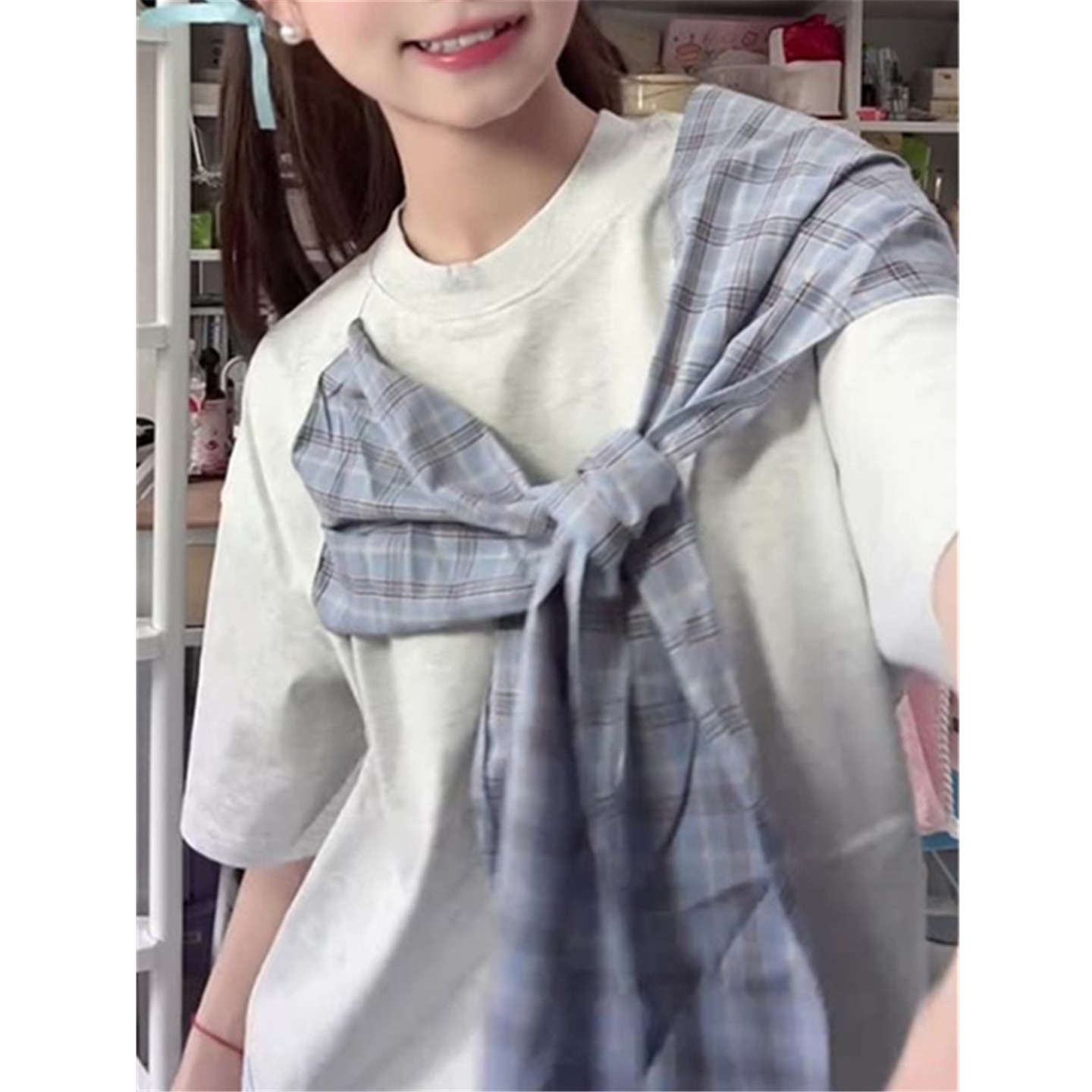 蝴蝶结格子短袖t恤女宽松上衣服
