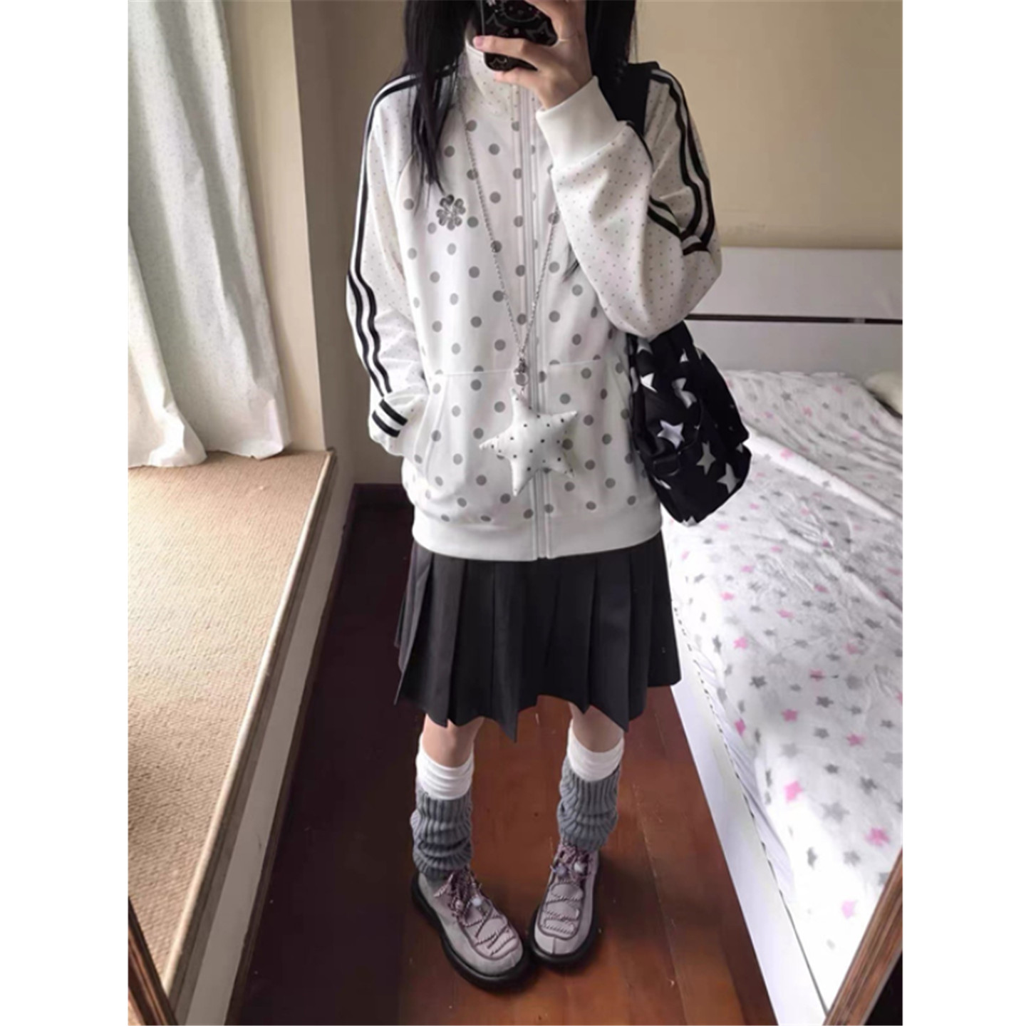 波点立领开衫卫衣外套女宽松上衣图片