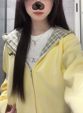 美式复古奶黄色格子拼接连帽卫衣女春秋薄款外套宽松开衫短款上衣