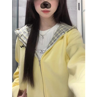 美式 外套寬松開衫 短款 上衣 復古奶黃色格子拼接連帽衛衣女春秋薄款