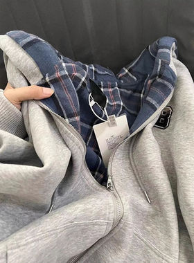 格子拼接灰色连帽卫衣女秋冬oversize加绒加厚宽松慵懒风开衫外套