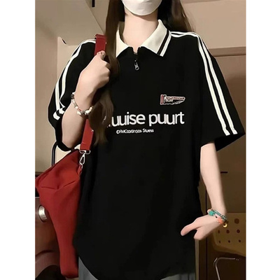 polo领短袖t恤女宽松半拉链上衣