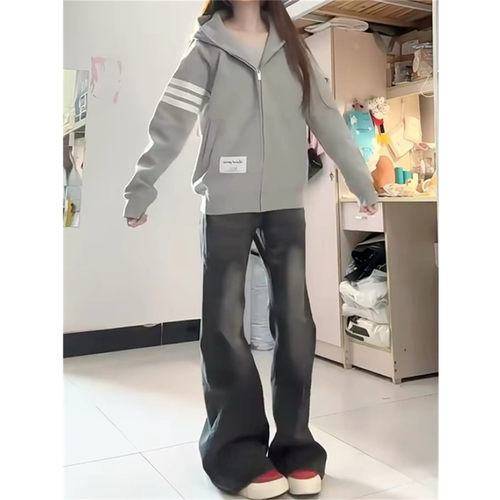 条纹连帽卫衣女宽松拉链开衫外套
